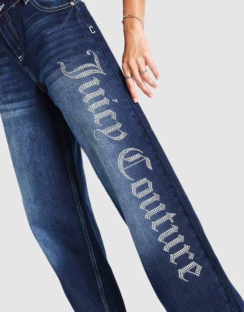 Mid Wash Diamanté Wide Leg Jeans