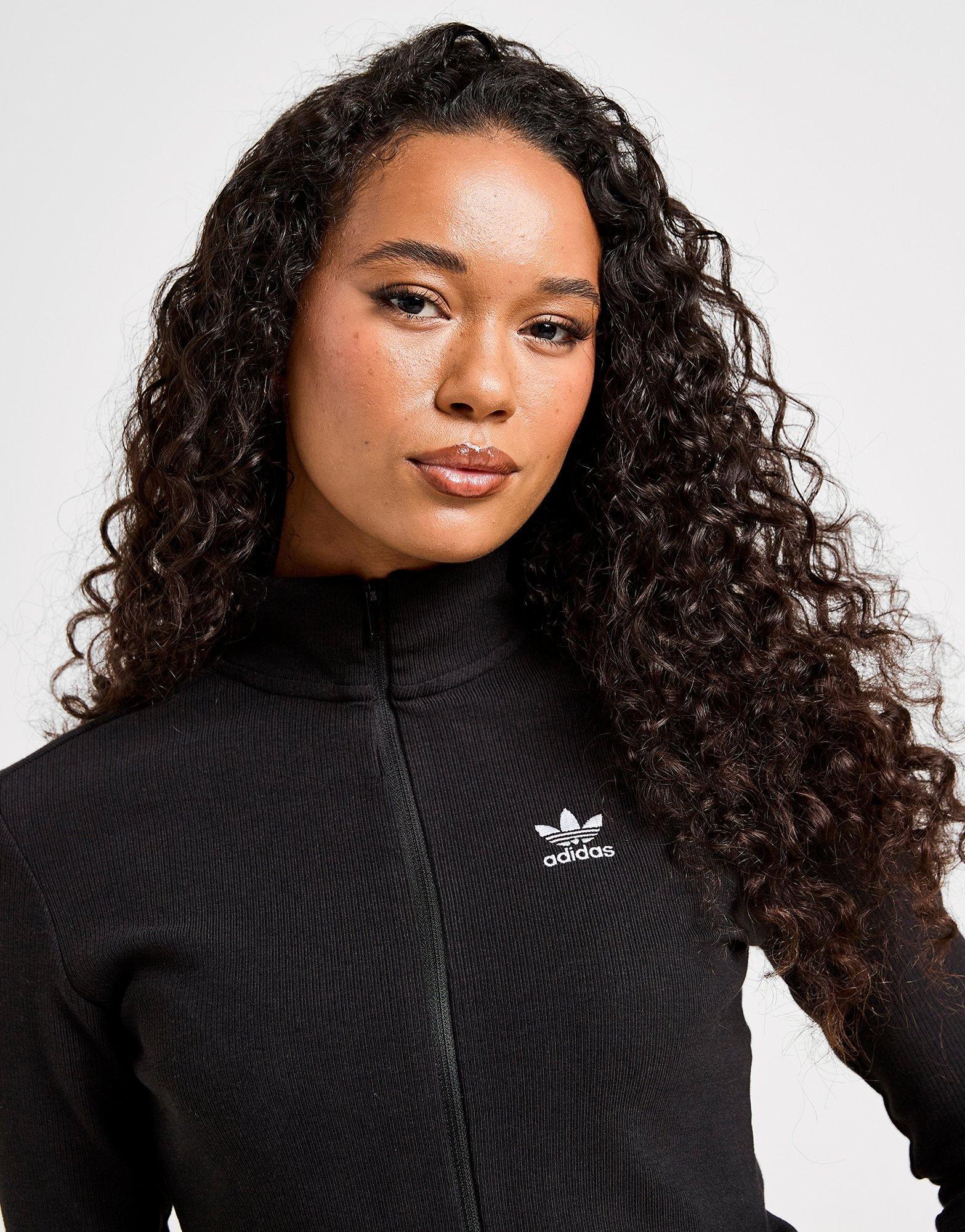 Black adidas Essential Ribbed Long Sleeve Full Zip Top - JD Sports